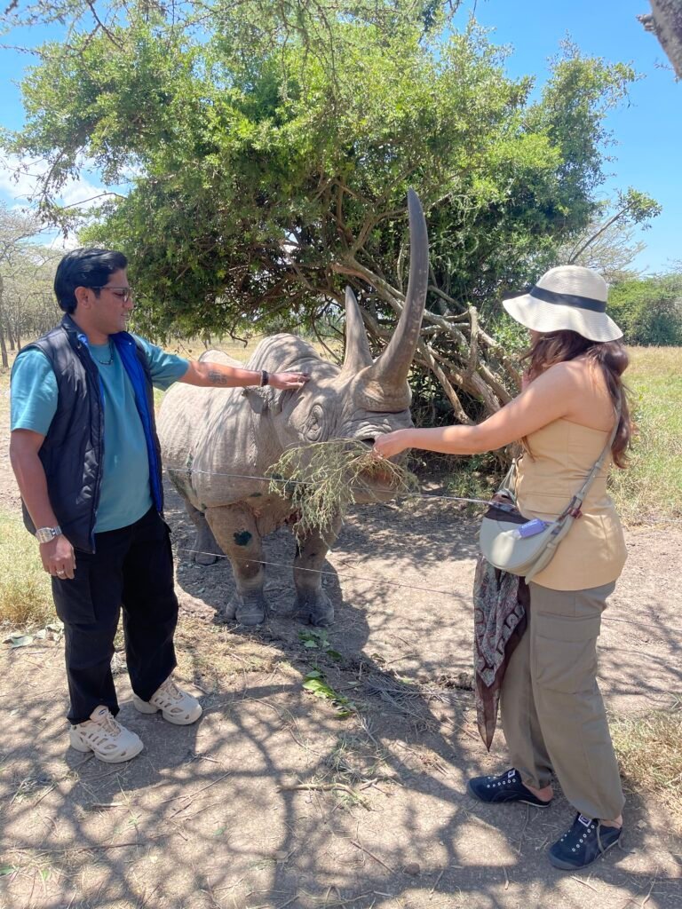 Safari Lab guests with Baraka the rhino at Ol Pejeta