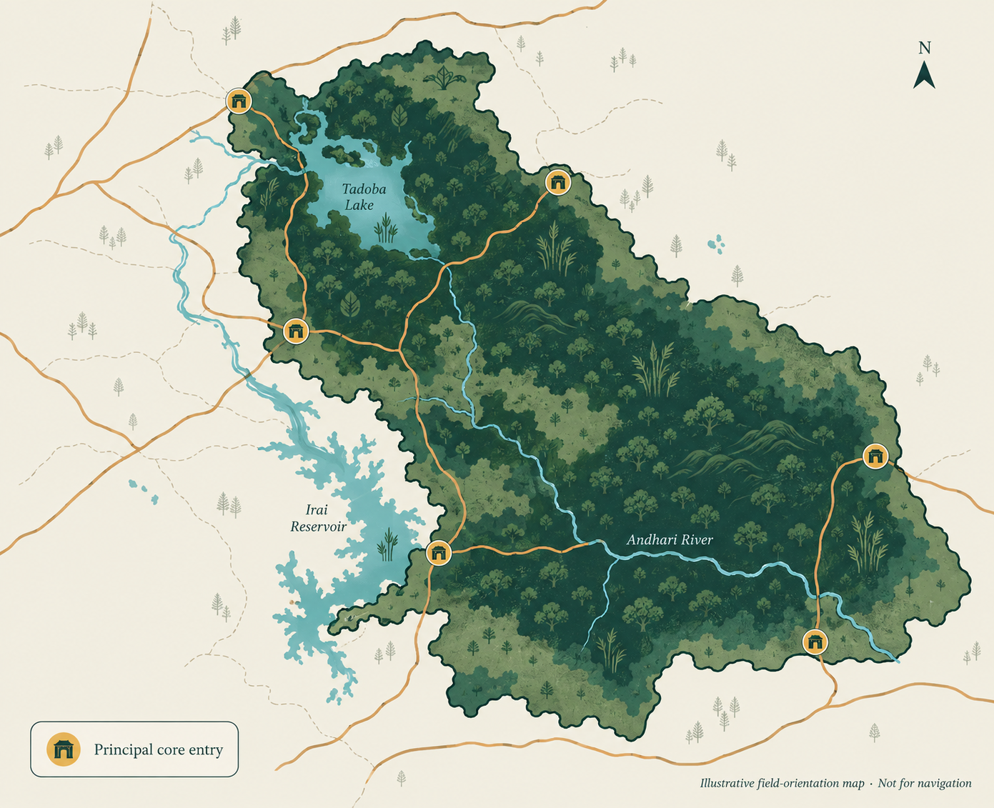 Illustrative map of Tadoba Andhari Tiger Reserve showing Tadoba Lake, Irai Reservoir, Andhari River and six principal core entry points